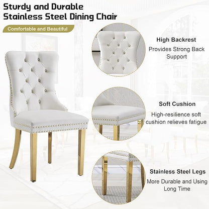 7-Piece Dining Table Set for 6, Faux Marble Dining Table Set with 70'' Marble Dinner Table and 6 Velvet Wing Back Chairs for Kitchen, Dining Room, White & Gold