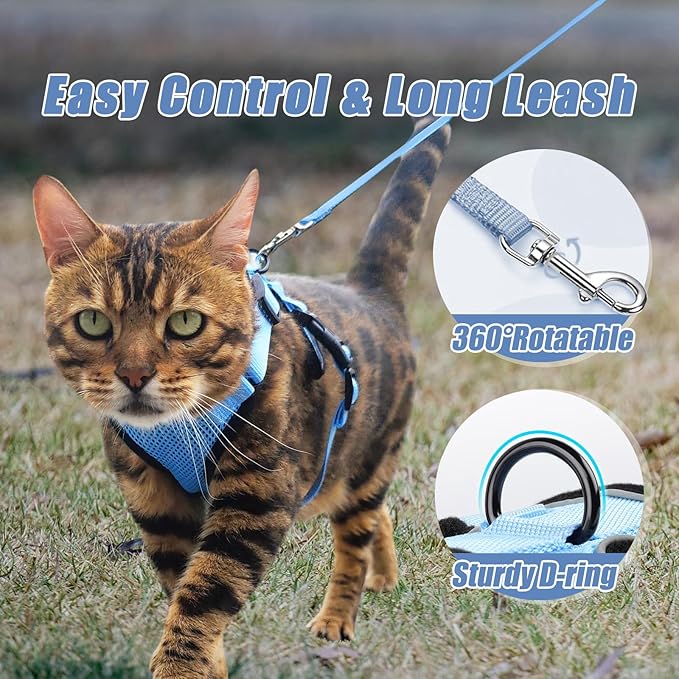 Cat Harness and Leash Set,Escape Proof Adjustable Cat Harness,Soft and Breathable Kitten Harness and Leash with Reflective Strips for Walking and Traveling(Light Blue, X-Small(3.3-8.9lb))