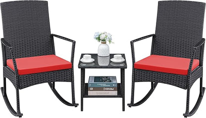 Greesum 3 Pieces Patio Furniture Set Outdoor Wicker Rocking Chairs with Glass Coffee Table for Garden Backyard Porch Poolside, Red