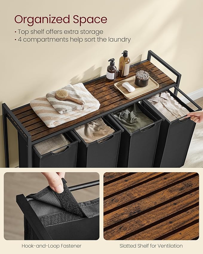 VASAGLE Laundry Hamper, Laundry Basket, Laundry Sorter with 4 Pull-Out and Removable Bags, Shelf, Metal Frame, 4 x 10.6 Gallons (40 L), 45.7 x 13 x 28.4 Inches, Ink Black and Rustic Brown UBLH401B01