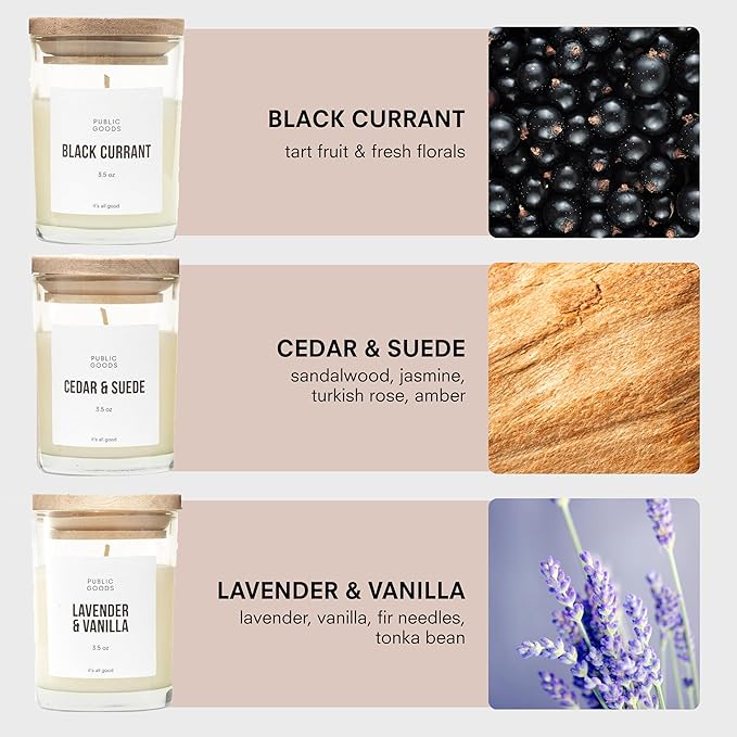 Public Goods 3-Pack Scented Soy Candle Set for Women & Men | Long Lasting & Non Toxic | Made with Natural Soy Wax & Organic Essential Oils | Gift Box | 3.5oz Jars