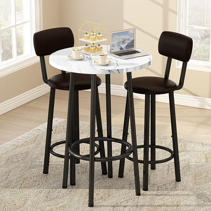 DKLGG Dining Table Set for 2 - 24" Round Kitchen Table With MDF Tabletop & 2 PU Leather Chairs, Bar Pub Set for Small Space Kitchen Living Room Apartment, White