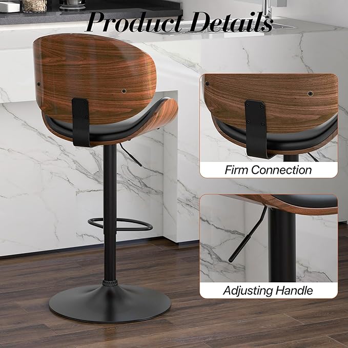 Adjustable Swivel Bar Stools Set of 2, Modern Bentwood Barstool with Large Metal Base and Footrest, PU Leather Upholstered Bar Chair with Curved Back for Kitchen Island Dining Room, Black