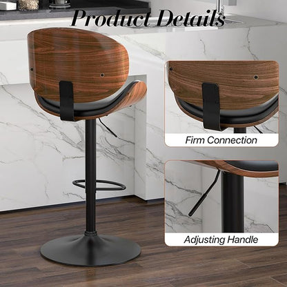 Adjustable Swivel Bar Stools Set of 2, Modern Bentwood Barstool with Large Metal Base and Footrest, PU Leather Upholstered Bar Chair with Curved Back for Kitchen Island Dining Room, Black