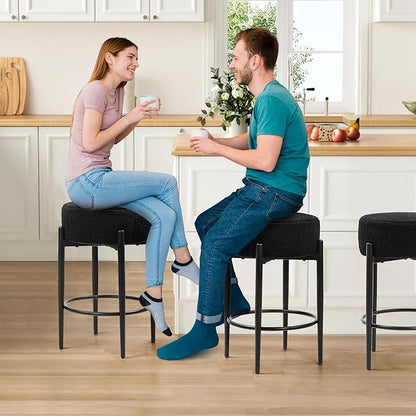 Counter Height Bar Stools, Set of 4, 24" Modern Backless Bar Stools, Ideal for Kitchen Counter, Kitchen Island, Boucle Sherpa Padded Cover, with Round Soft Seat and Foot Rest, Black