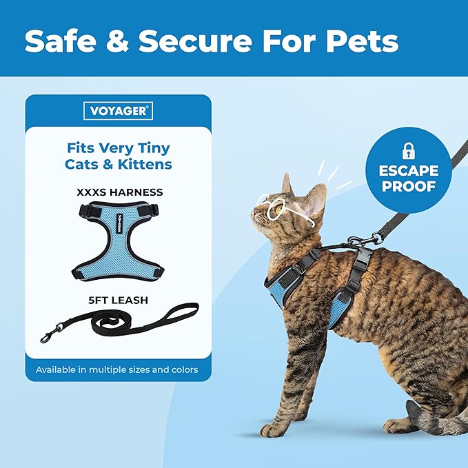 Voyager Escape Proof Cat Harness and Leash Set with Reflective Stitching, Neoprene Handle 5ft - Supports Small, Medium and Large Cats, Kittens for Walking by Best Pet Supplies - BT-Baby Blue, XXXS
