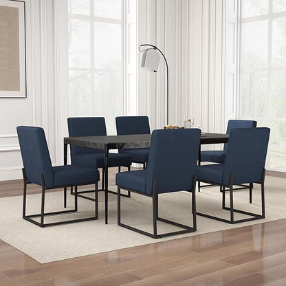 VKNOW Upholstered Dining Chairs Set of 6, Modern Dining Room Chairs, Linen Kitchen Chair Dinner Chair with Black Metal Base for Kitchen Office, Blue-Unstriped