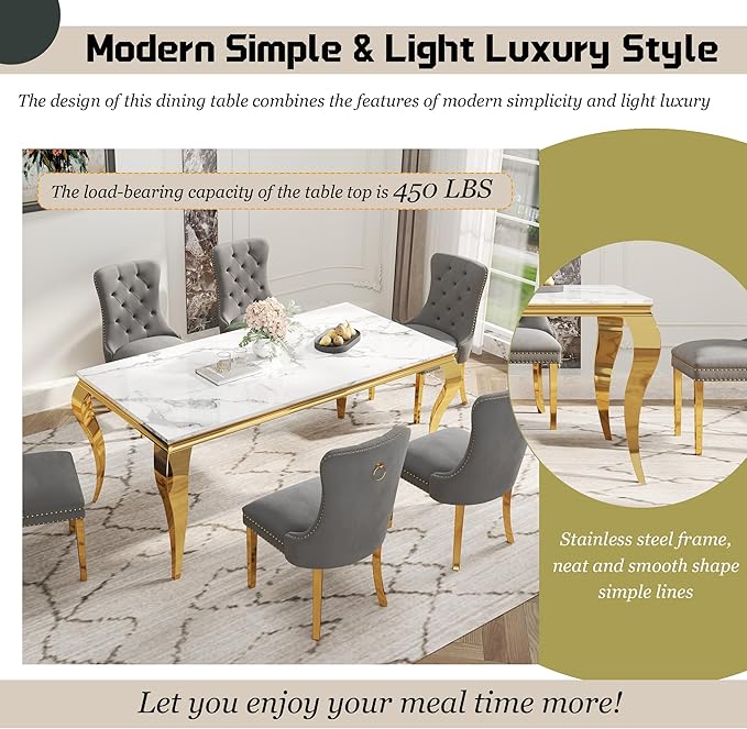 7-Piece Dining Table Set for 6, Faux Marble Dining Table Set with 70'' Marble Dinner Table and 6 Velvet Wing Back Chairs for Kitchen, Dining Room, Gray & Gold