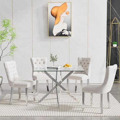 Goujxcy 5 Piece Glass Dining Table Set Modern Small Glass Dining Table Set for 4, 35.43" Square Kitchen Table and 4 Velvet Upholstered Chairs for Kitchen Dining Room, Silver & Beige