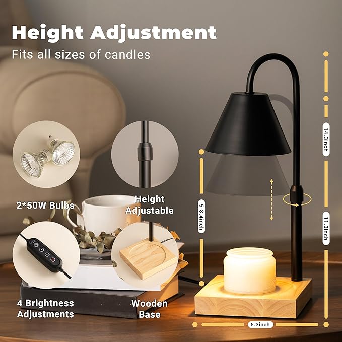 Black Dimmable Candle Warmer Lamp, Adjustable Height, Timer, Wooden Base, for Scented Wax with 2 Bulbs