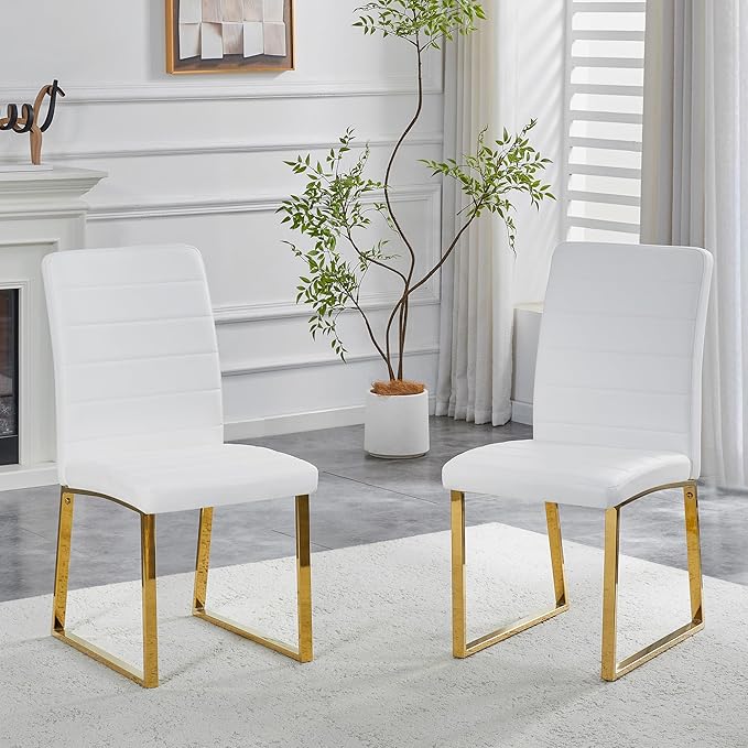 Modern Dining Chairs Set of 2, White Faux Leather Kitchen Chairs, Upholstered Armless Dining Room Chair with Gold Mental Legs Heavy Duty, Comfortable (White and Gold, Set of 2)