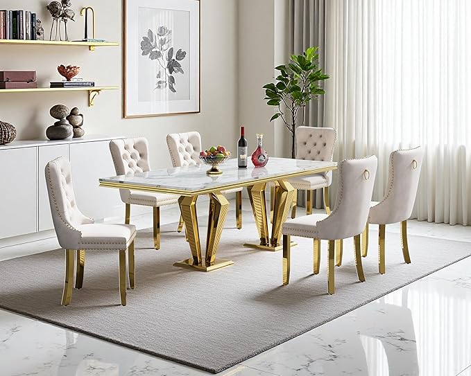 70" Faux Marble Dining Table Set for 6, 7-Piece Dining Set with White Gold Kitchen Table and 6 Velvet Tufted Chairs, Modern Rectangular Dining Room Table with Diamond-Shape Stainless Steel Base