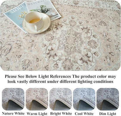 Washable 8ft Round Area Rug - Living Room Oriental Non Slip Soft Rugs Indoor Low Pile Stain Resistant Carpet for Bedroom Dining Room Farmhouse Distressed Thin Home Decor Floor Mat(8Round,Beige)