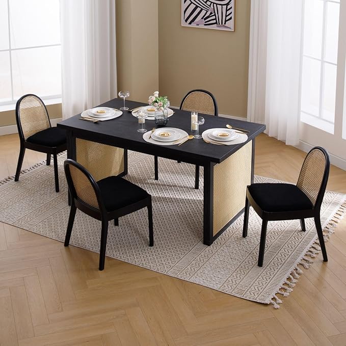 LukeAlon Modern Sherpa Dining Chairs Set of 6, Natural Woven Rattan Cane Back Side Chairs with Solid Wood Legs Mid Century Dinner Chairs for Kitchen Living Room, Black