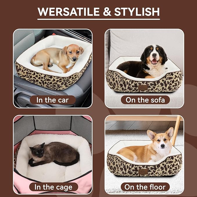 Rectangle Cat Dog Bed for Large Medium Small Pets Indoor Outdoor Machine Washable Sleeping Sofa Non-Slip Bottom Soft Puppy Bed Durable Orthopedic Calming Pet Cuddler (Medium, Leopard)
