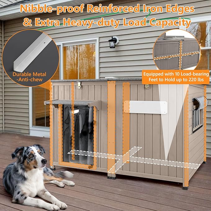 55" L Extra Large Dog House Outdoor with Window, XL Dog House Pet Shelter for Large Breed with Anti-Chewing Frame, Openable Roof, Removable Floor, 10 Support Feet for Medium to Large Dogs
