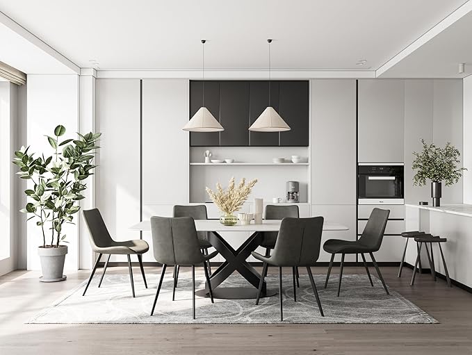 POVISON 71" Modern Dining Table for 4-6 People, Matte White Sintered Stone Table Top with X-Shape Carbon Steel Pedestal, Large Rectangular Table for Kitchen Living Room