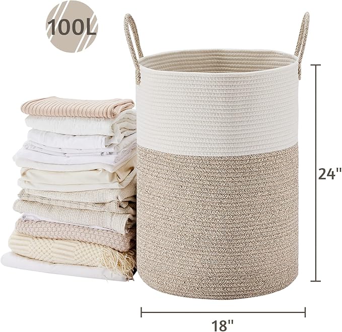 VIPOSCO Large Laundry Hamper, Tall Woven Rope Storage Basket for Blanket, Toys, Dirty Clothes in Living Room, Bathroom, Bedroom - 100L White & Brown