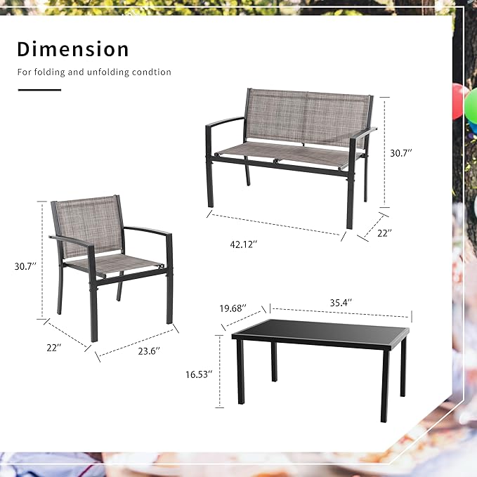 Shintenchi 4 Pieces Patio Furniture Set All Weather Textile Fabric Outdoor Conversation Set, with Glass Coffee Table, Loveseat, 2 Single Chairs for Home, Garden, Lawn, Porch（Tan）