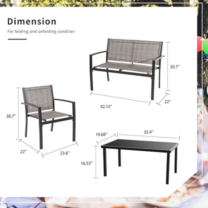 Shintenchi 4 Pieces Patio Furniture Set All Weather Textile Fabric Outdoor Conversation Set, with Glass Coffee Table, Loveseat, 2 Single Chairs for Home, Garden, Lawn, Porch（Tan）