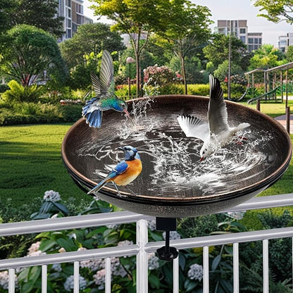 Deck Mounted Bird Bath, Easy to Clean12 Detachable Bath Bowl, Metal Birdbath for Outside with Sturdy Adjustable Clamp for Railing Balcony Fence Outdoor Decor 0.7 Gallon