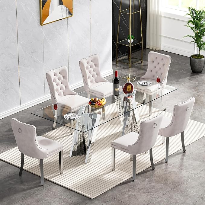 Goujxcy 70" Glass Dining Table Set for 6, Modern Silver Dining Table Set with 6 Beige Velvet Upholstered Dining Chairs, 7 Piece Kitchen Dining Room Table Set with Stainless Steel Legs