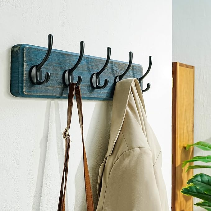 Dseap Coat Rack Wall: Patented, Heavy-Duty, 5-Double-Hooks Wooden Wall Mounted Coat Rack Coat Hanger Hook Rail for Winter Coats Hat Jacket Clothing, Weathered Blue
