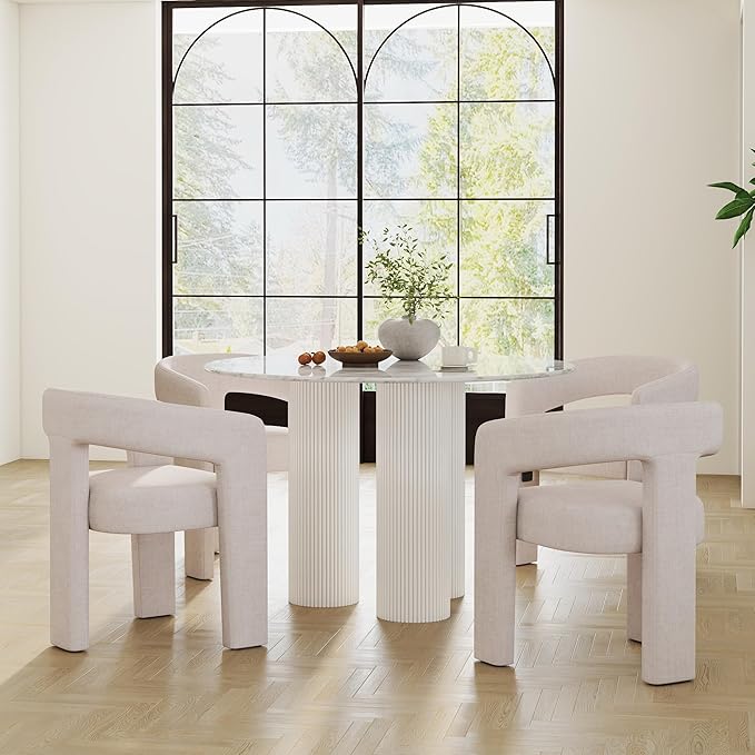 Modern Barrel Dining Chairs Set of 8, Linen Upholstered Accent Side Chair with Arms Comfy Makeup Vanity Chairs, Dining Living Room Kitchen Chairs, Beige