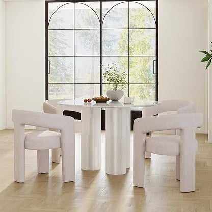 Modern Barrel Dining Chairs Set of 6, Linen Upholstered Accent Chairs with Arms Comfy Makeup Vanity Chairs, Dining Living Room Kitchen Chairs, Beige