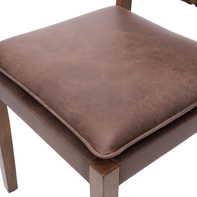 Woven Faux Leather Dining Chairs Set of 4, Farmhouse Upholstered Kitchen Chairs with Wooden Legs Armless Accent Side Chairs for Dining Room/Restaurant, Brown