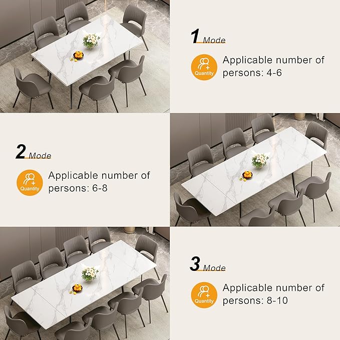 Expandable Rectangular Dining Table (62.9" to 94.4") – Modern White Sintered Stone Top, Adjustable Table for 6 to 10 People for Dining Room Family Gathering