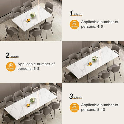 Expandable Rectangular Dining Table (62.9" to 94.4") – Modern White Sintered Stone Top, Adjustable Table for 6 to 10 People for Dining Room Family Gathering