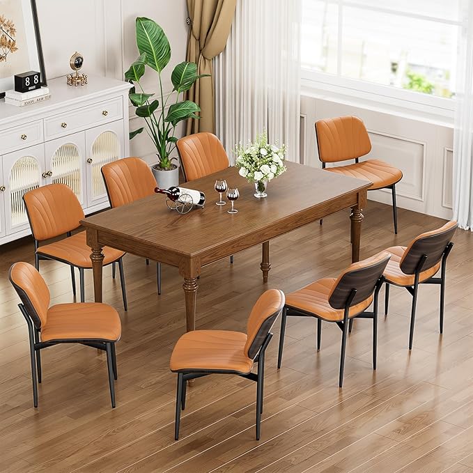 Dining Chairs Set of 6, Mid Century Modern Dining Room and Kitchen Chairs, Upholstered PU Leather Chairs with Walnut Bentwood and Metal Legs, Orange