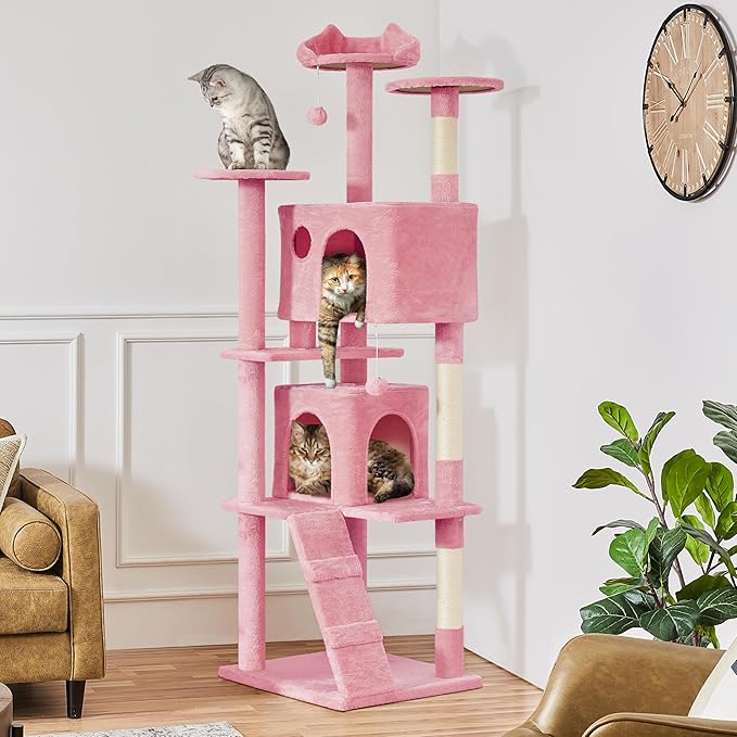 Yaheetech XL Cat Tree, 80in Multi-Level Cat Tower w/Scratching Posts, Double Condo, Perched Platforms and Dangling Balls, Pet Activity Center for Kittens Pets, Pink