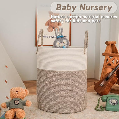 Large Woven Laundry Basket Hamper,80L Cotton Rope Storage Bin for Blankets,Toys and Clothes,Decorative Tall Nursery Hamper for Living Room,Baby Nursery,Bathroom and Bedroom,Brown