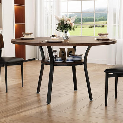 Garvee 47'' Round Dining Table for 4-6 People, Farmhouse Kitchen Dining Table, Round Dinner Table with Storage Shelf for Kitchen, Living Room (Table Only), Walnut