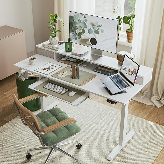 Agilestic Electric Standing Desk with 2 Drawers and Keyboard Tray, 55 x 24 Inches Ergonomic Adjustable Height Desk with Storage, Sit Stand up Desk Computer Workstation, White