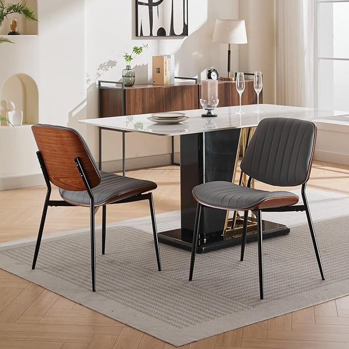 Dining Chairs Set of 8, Mid Century Modern Accent Dining Room and Kitchen Chairs, Upholstered PU Leather Vertical Stripe Chairs for Vanity with Walnut Bentwood and Metal Legs, Gray