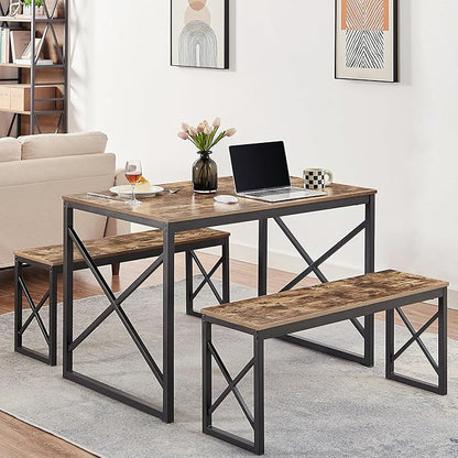 VECELO Kitchen Dining Table Benches Set for 4, 43.3" Wooden Dinette with 2 Benches, Heavy-Duty Dining Room Table for Small Space, Breakfast Nook, BrownRustic Brown