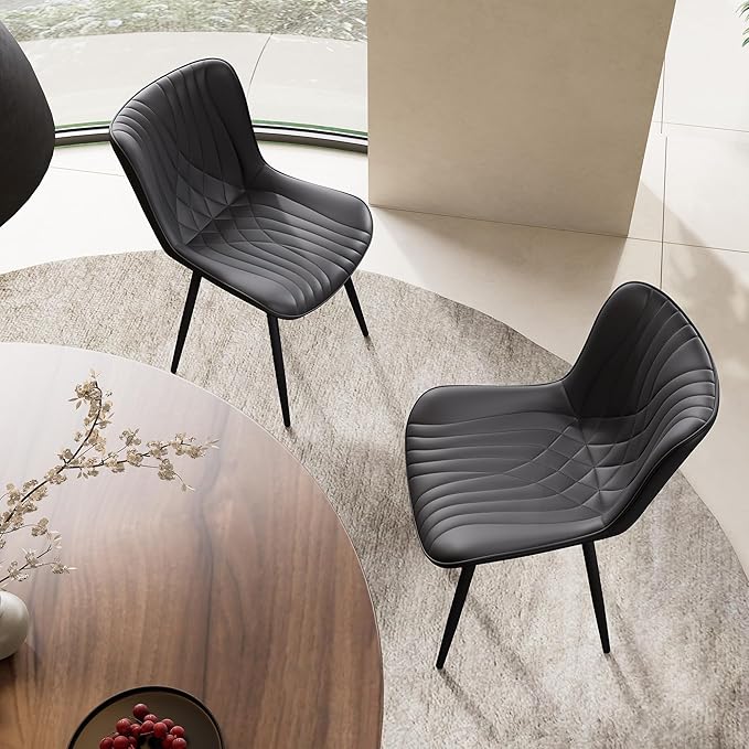 YOUTASTE Black Dining Chairs Set of 2 Upholstered Mid Century Modern Kitchen Dining Room Chairs Armless Faux Leather Accent Chairs Metal Vanity Lounge Chair with Back for Living Room Bedrooms