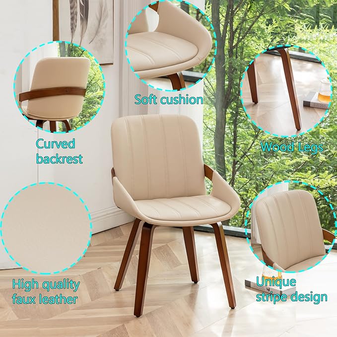 Mid Century Modern Beige Faux Leather Upholstered Dining Chairs Set of 2,Armless Accent Chairs with Sturdy Natural Wood Legs,Bamboo Backrest Support for Kitchen&Dining Room Chairs