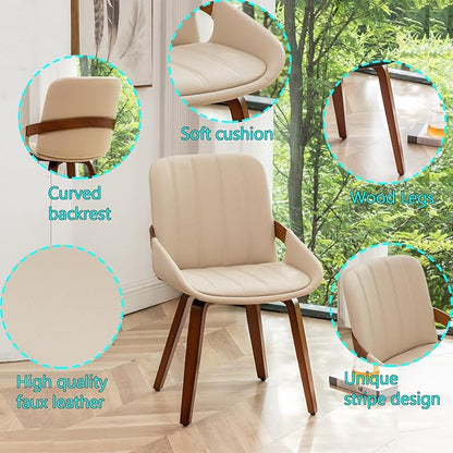 Mid Century Modern Beige Faux Leather Upholstered Dining Chairs Set of 2,Armless Accent Chairs with Sturdy Natural Wood Legs,Bamboo Backrest Support for Kitchen&Dining Room Chairs