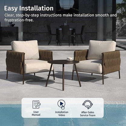 East Oak 3-Piece Patio Furniture Set | Armchairs & Coffee Table | Outdoor Furniture with Cushions | Deep Seating Modern Conversation Set | Garden, Porch, Balcony & Backyard | Chestnut & Apricot