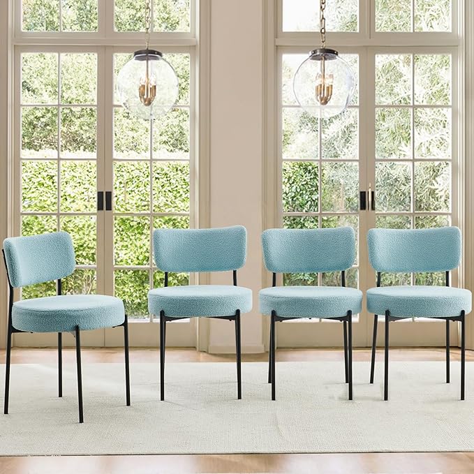 Blue Boucle Dining Chairs Set of 4, Upholstered Dinner Chair with Metal Frame, Dining Room Chairs with Padded Seat, Round Modern Seating for Living Room