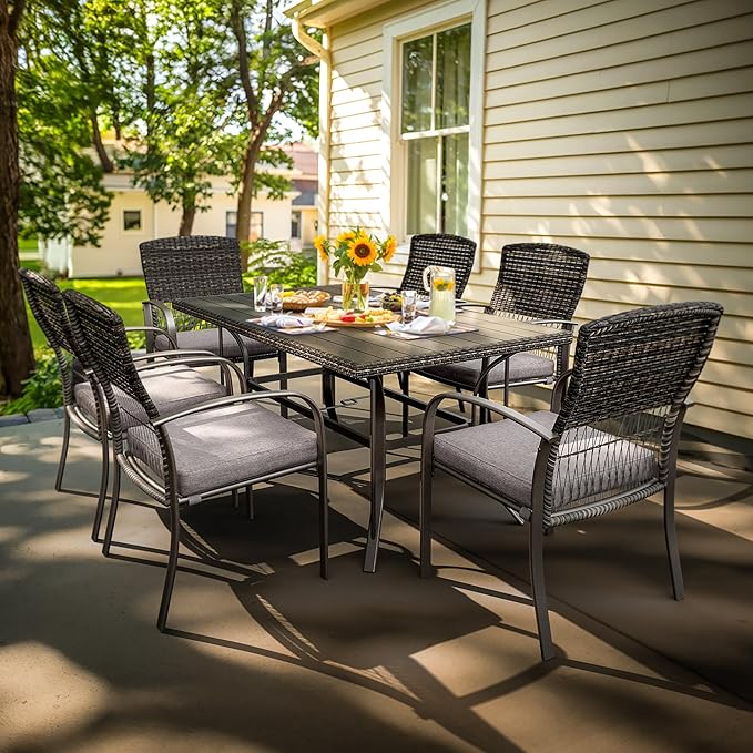 Pamapic 7-Piece Outdoor Dining Set, Grey Wicker Patio Furniture with Removable Cushions & Iron Slat Table, All-Weather Garden/Deck/Backyard Furniture Set (Grey)