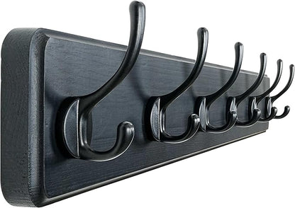 Dseap Coat Rack Wall: 24" Long, Patented, Heavy-Duty, 6-Double-Hooks Wooden Wall Mounted Coat Rack Coat Hanger Hook Rail for Winter Coats Hat Jacket Clothing, Black