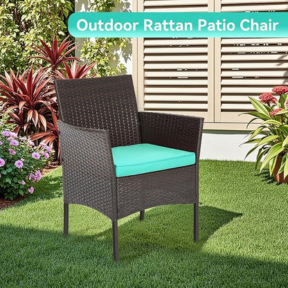 FDW Patio Furniture Set PE Rattan Patio Set Wicker Outdoor Furniture Bistro Set for Outdoor Indoor Use with Loveseats Coffee Table, Blue Cushions, 4 Pieces