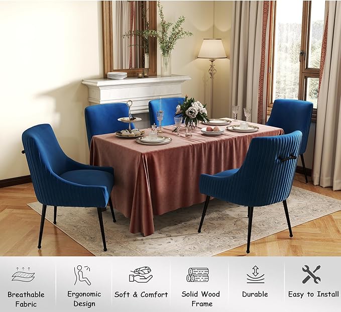 Velvet Dining Chairs Set of 6,Blue Upholstered Living Room Chairs with Black Metal Legs, Modern Tufted Accent Chairs for Living Room, Study Room, Kitchen