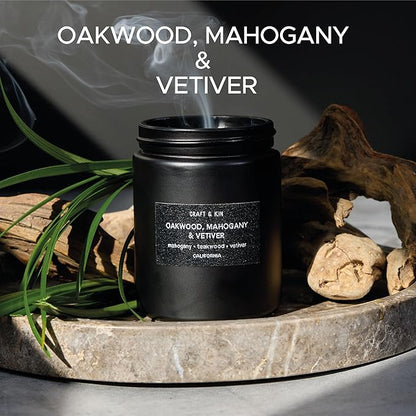 Craft & Kin Premium Oakwood, Mahogany & Vetiver Candle | Black Christmas Scented Candles for Men | Long Lasting with 45 Hour Burn Time, 7.6oz | Soy Holiday Candles | Aromatherapy at Home