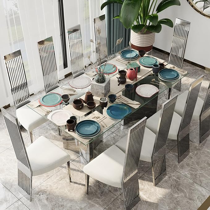 Asday 78" Glass Dining Table, Silver Dining Room Table with Double Pedestal Mirrored Stainless Steel Base, Large Modern Rectangular Kitchen Table for 6-8